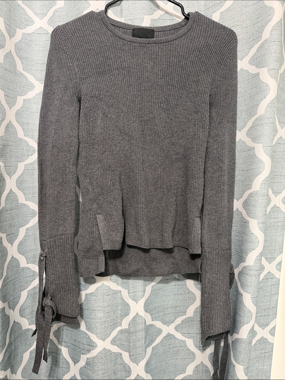 INTERMIX Gray Ribbed Crewneck Sweater with Tie Cuffs
